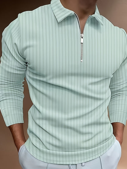 Men's Casual Sports Ribbed Long Sleeve Zipper Lapel Golf Shirt, Spring And Fall