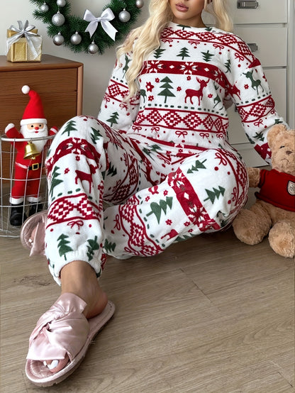 Women'S Christmas Pattern Pajama Set | Comfortable Long-Sleeve Home Wear for Fall/Winter, Crew Neck