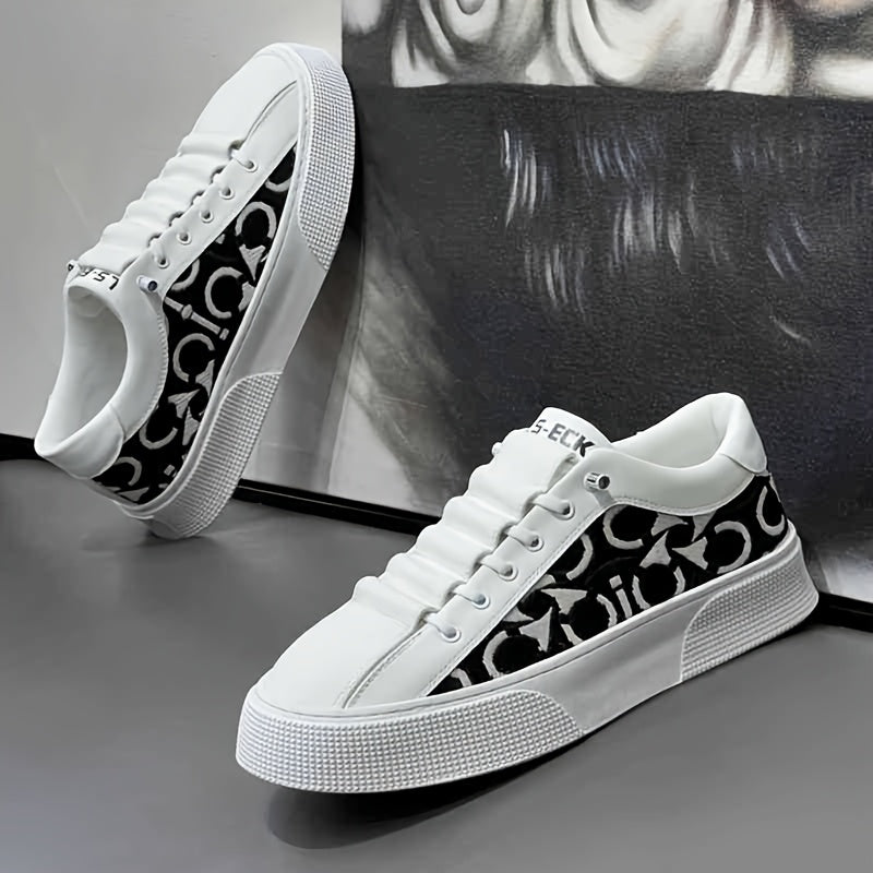2025 New Men's Spring Slip-On White Sneakers, Breathable Casual Shoes with Embroidered Print, Trendy Footwear - ayq