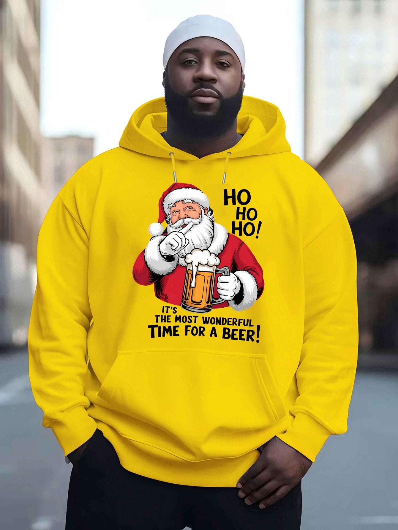 Men'S Red Hoodie with Santa Claus & Beer Mug Graphic - "Ho Ho Ho! It'S the Most Wonderful Time for a Beer!" - Cozy Plush Pullover for Fall & Winter, Casual Holiday Wear, Christmas Clothes, Plus Size