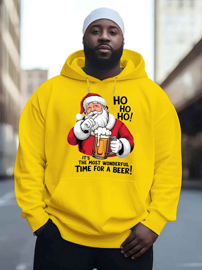Men'S Red Hoodie with Santa Claus & Beer Mug Graphic - "Ho Ho Ho! It'S the Most Wonderful Time for a Beer!" - Cozy Plush Pullover for Fall & Winter, Casual Holiday Wear, Christmas Clothes, Plus Size