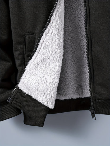 Boys' Cozy & Stylish Black Hooded Jacket - Soft, Casual Zip-Up Cardigan with Pockets, Polyester Blend, Perfect for Fall/Winter Comfort, Outdoor Youngsters Apparel|Hooded Cardigan|Machine Washable Fabric, Boy Jacket