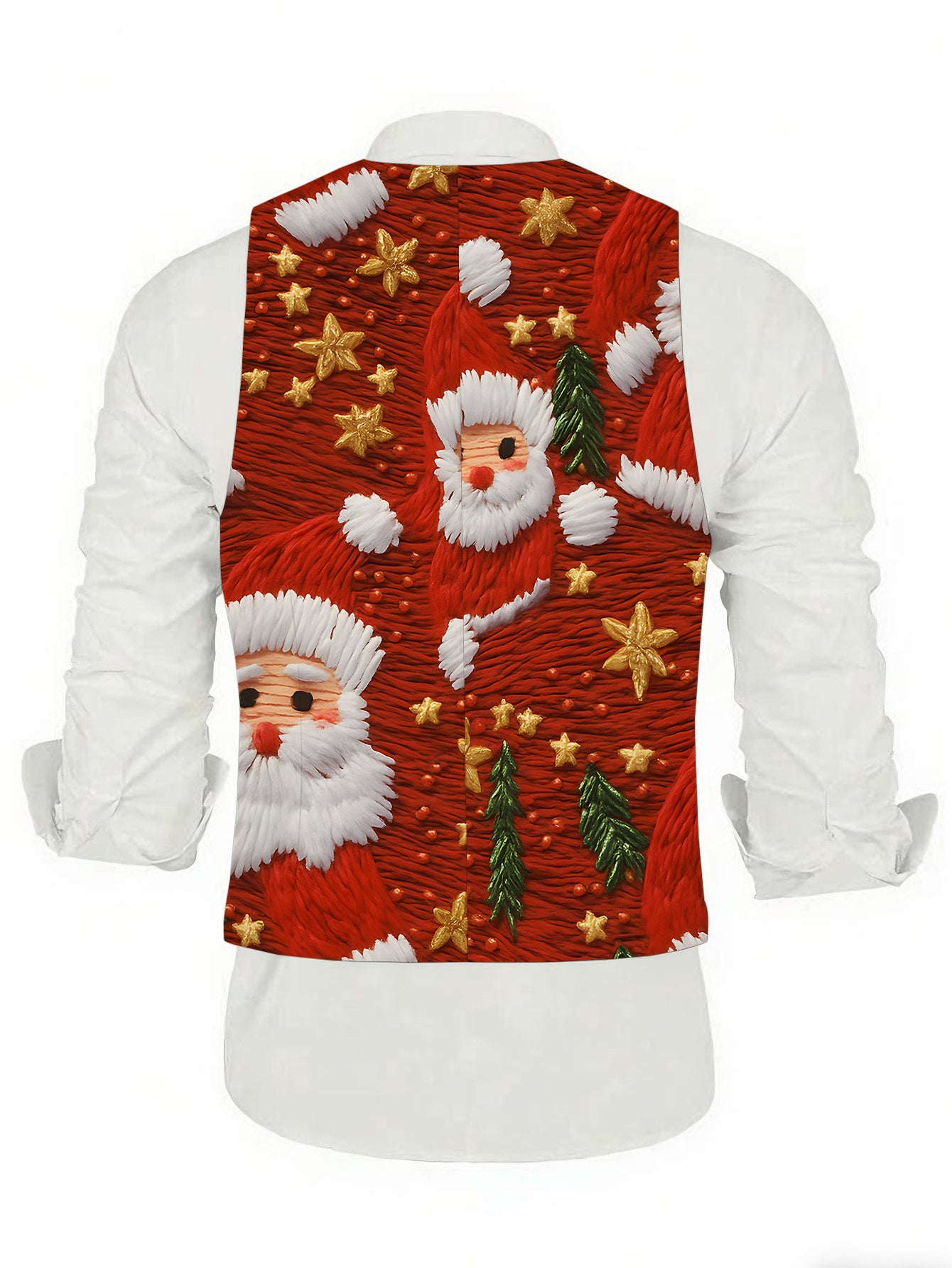 Men's Full-Body Print Santa Claus Vest with Collar & - Red/Green/White/Golden Christmas Jacket, Golden Star Buttons, All-Season Party & Casual Coat for Holiday Events, Costumes, and Casual Attire, PLUS SIZE