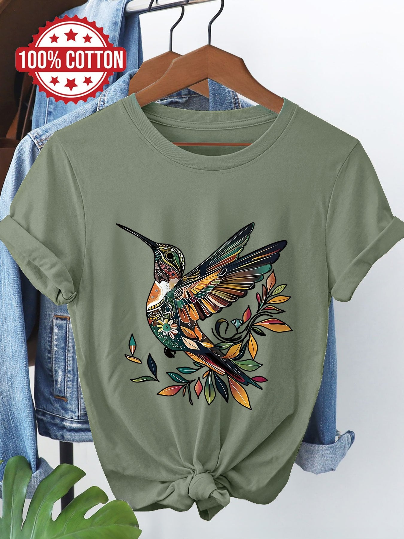 Women's Casual Cotton T-Shirt with Hummingbird Leaf Print