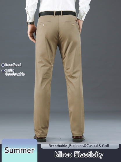 Men's Solid Color Straight Leg Business Style Cotton Blend Pants, Casual Comfy Breathable Outdoor Trousers As Gift