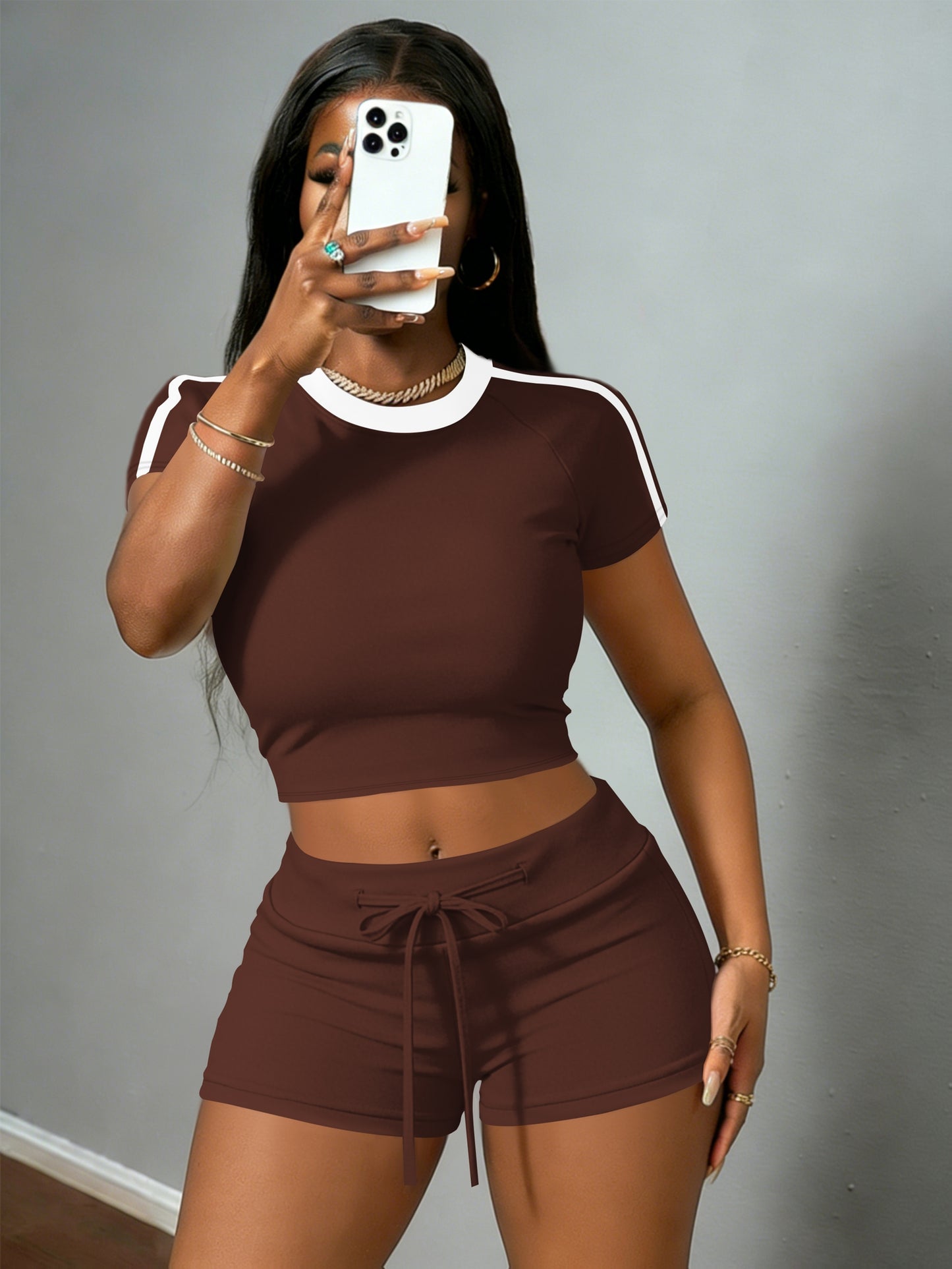 Women's Casual Crop T-Shirt & High-Waist Drawstring Shorts Set