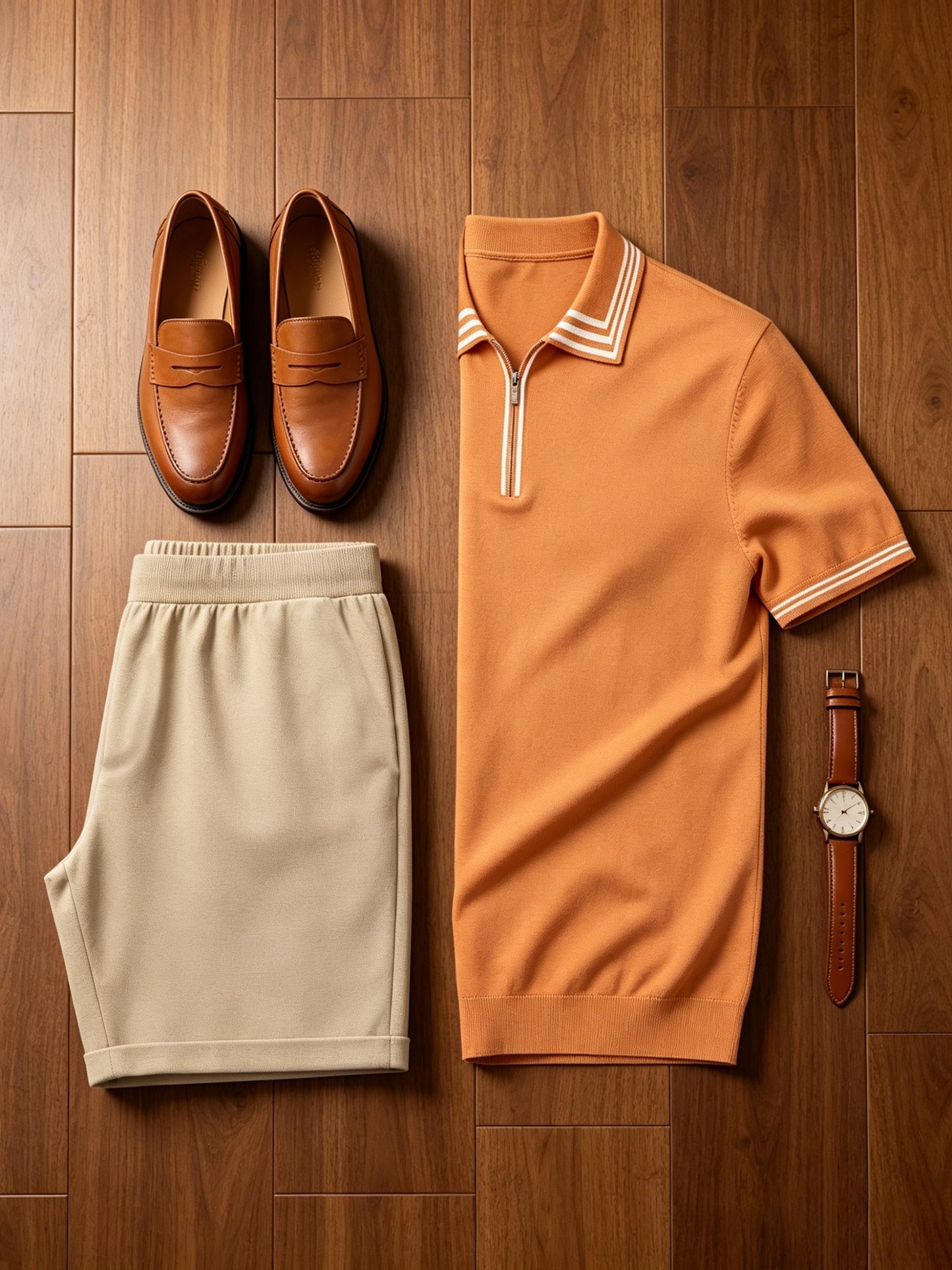 Men's Casual Striped Knit Polo & Lightweight Shorts Set