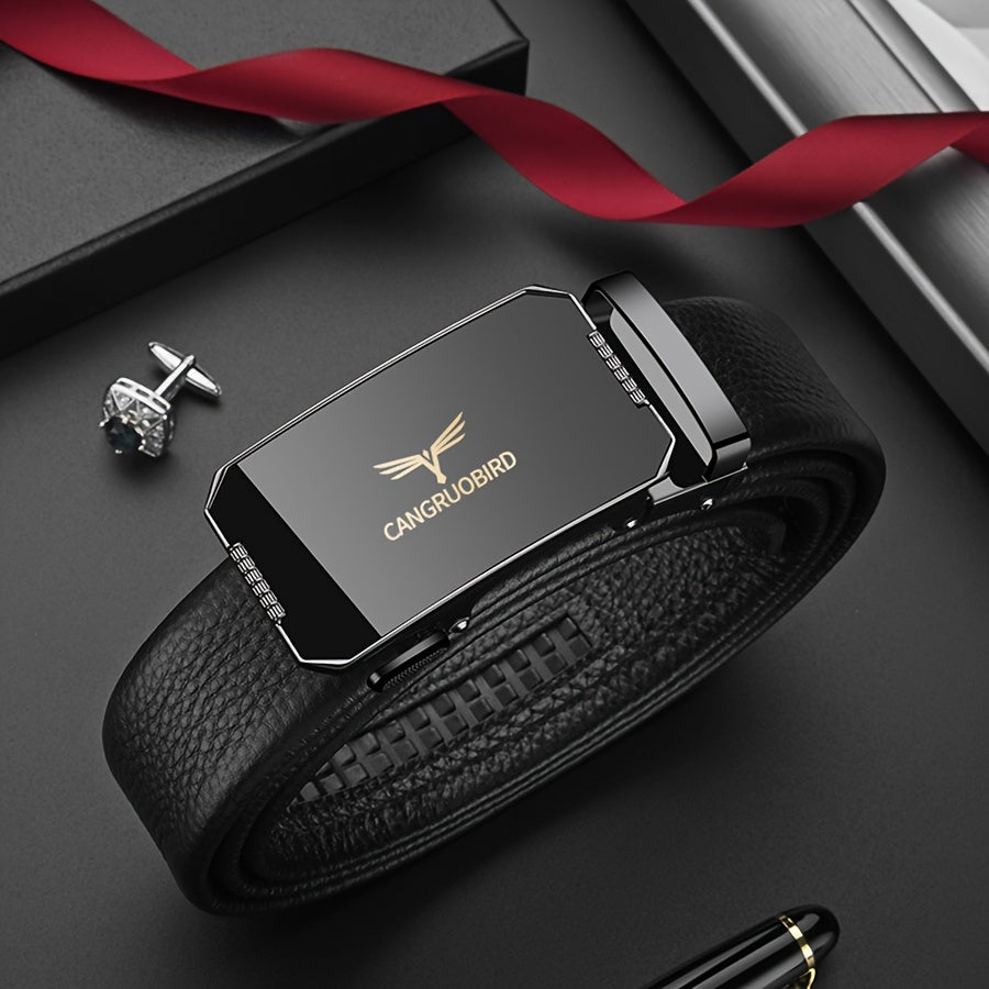 1pc Men'S Adjustable Automatic Buckle Belt - Sleek Black Faux Leather, Alloy Buckle, Stylish for Business & Casual Attire