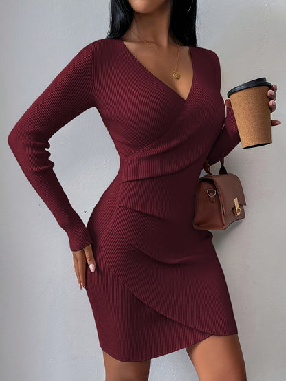 Նոր աշնանային և ձմեռային նեղ, V-ձև դեկոլտեով զգեստ՝ ձգվող և գրավիչ փաթաթվող դիզայնով, էլեգանտ միագույն մինի զգեստ՝ աշխատանքի և ժամադրությունների համար