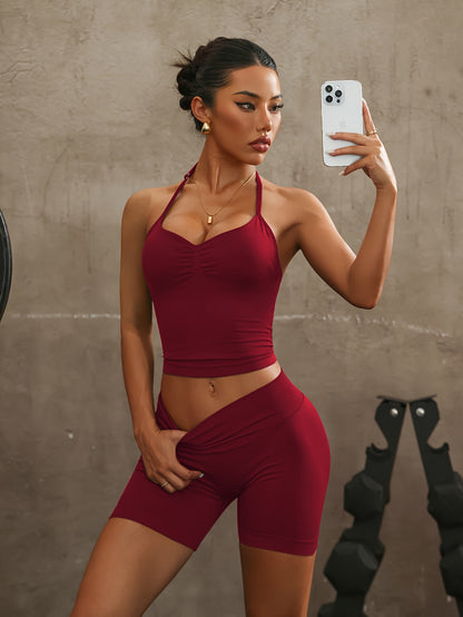 Dopamine-Style Halter Neck Two-Piece Set with Sports Shorts