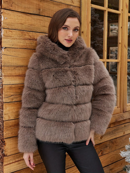 Women's Elegant White faux fur coat - Luxury Winter Outerwear with Single-Button Closure, Machine Washable Cold-Weather Jacket for Evening Events, Parties & Everyday - Chic Winter Coat for Women (Solid Color, O-Line Silhouett