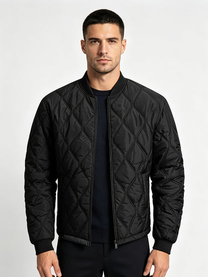 Men's Casual Black Diamond-Pattern Padded Jacket with Baseball Collar