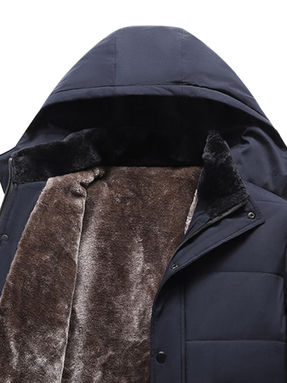 Men's Heavy-Duty Winter Hooded Jacket with Fur-Like Collar & Pockets - Navy Blue/Brown Coat, Golden-Tone Zipper Closure, -Filled Casual Outerwear for Cold Weather (Hand Wash/Dry Clean)