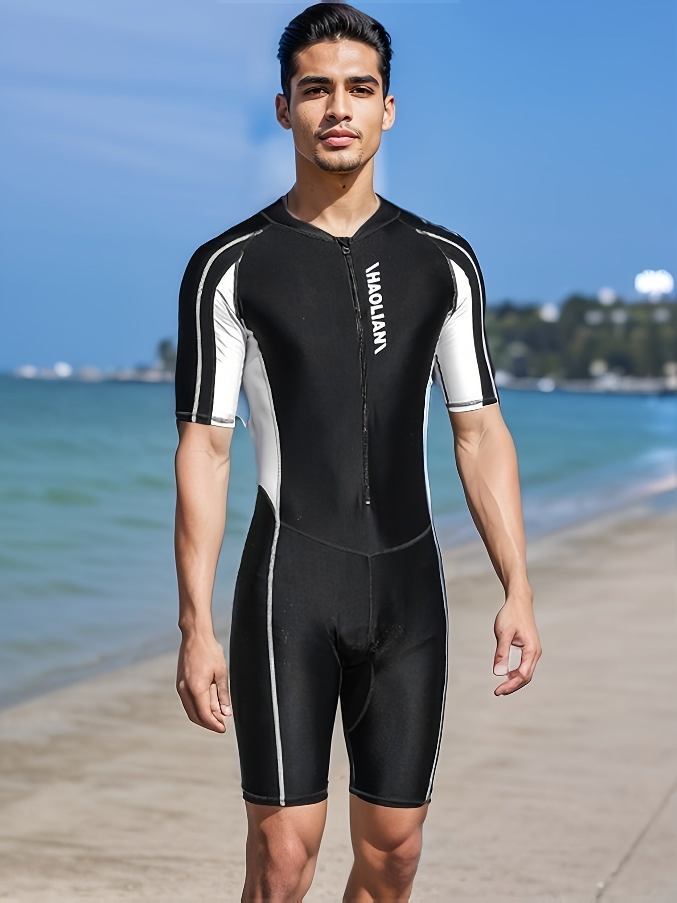 Men's Sports One-Piece Swimsuit with Front Zipper for Training