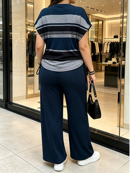Women's Casual Two-Piece Set with Striped Bow Drawstring