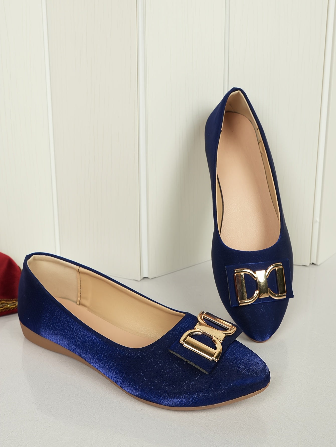 Women's Elegant Red Slip-On Flats with Golden Double Buckle Design - Comfortable Faux Cover Shoes for All Seasons, Pointed Toe Rubber Sole, Perfect for Casual or Dressy Occasions, Dressy Flats   Buckle Embellished Shoes   Lux