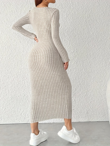Women's Ribbed Crew Neck Long Sleeve Fitted Dress, Polyester 95% Spandex 5%, Solid Color Knit Fabric, Winter Season Adult Apparel, Ribbed Knit Dress