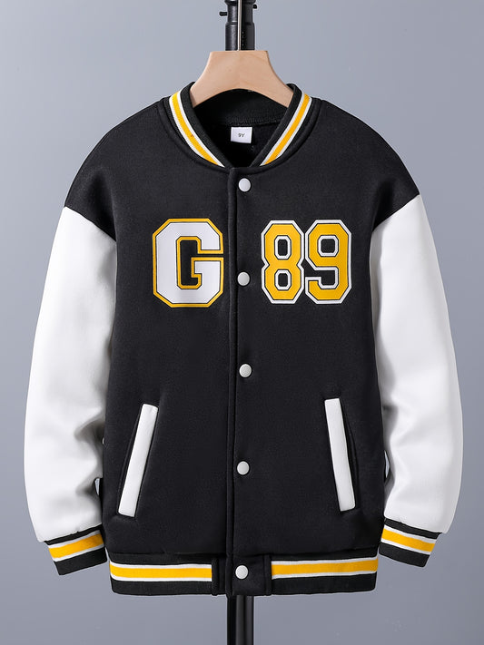 Boys Baseball Collar Long Sleeve Letter And Number Graphic Color Block Drop Shoulder Varsity Jacket Without Hoodie
