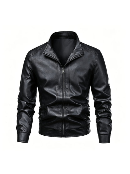Men's Slim Fit PU Leather Stand Collar Jacket for Spring and Autumn