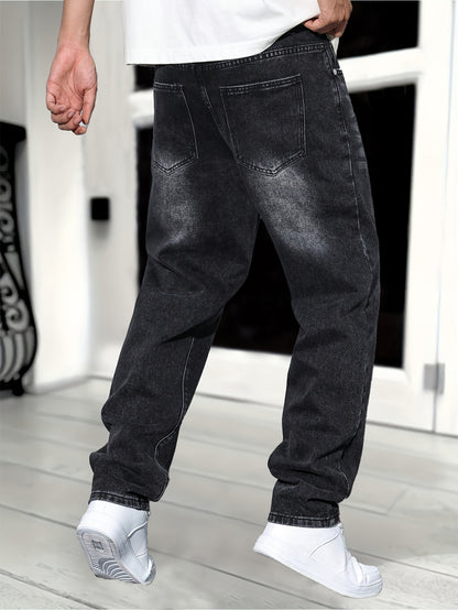 1pc Men'S Classic Solid Color Washed Denim Jeans, Non-Stretch Regular Fit Work Style, All-Season Woven Fabric, Regular Length - Adult Casual Pants