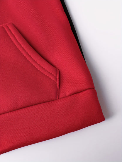 2pcs Boys' Autumn/Winter Fleece-Lined Hooded Zip-Up Jacket and Pants Set with Bird Print, Simple Color Block Design with Pockets, Fashionable Sporty Outfit for Outdoor Activities and Daily Wear, 100% Polyester Knit Stretch Fa