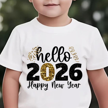Boys' 2026 New Year'S Eve Party T-Shirt - Hello 2026 Happy New Year Fireworks Print with Golden & Lettering - Lightweight Summer Tee for Birthday Party Outfit, New Year'S Eve Celebration - Easy-care Kids Shirt, New Year T Shi