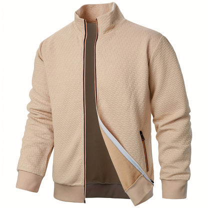 Men's Casual Zip Up Jacquard Jacket, Chic Stand Collar Coat for Spring Fall, Autumn And Winter, Hoodie Top