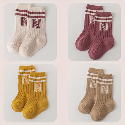 4 Pairs of N-Letter Knitted Pattern Socks, Thin Socks for Spring and Summer, Cotton Blend Comfortable Breathable Soft Mid-Calf Socks, Breathable Mid-Calf Socks