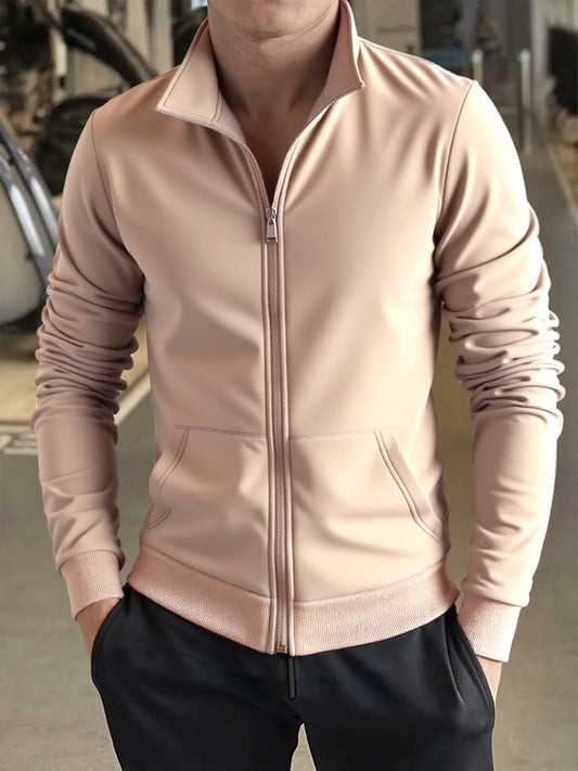 Men's Solid Color Green Full-Zip Stand Collar Jacket - Lightweight Workwear Coat with Zippered Pockets, Machine Washable, Regular Fit for Gym, Hiking, Casual & Outdoor Activities - Versatile All-Season Outerwear