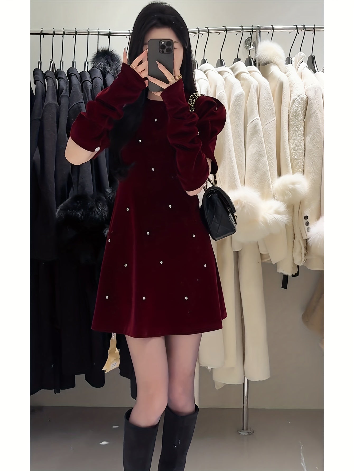 Women'S Elegant French Dress - Chic Office to Party Outfit, Back Zipper Closure, Flattering Fit for Fall/Winter, Everyday & Formal Events - Women'S Dresses for Women, Winter Fashion, Rhinestone Embellishment, Comfortable Fabr