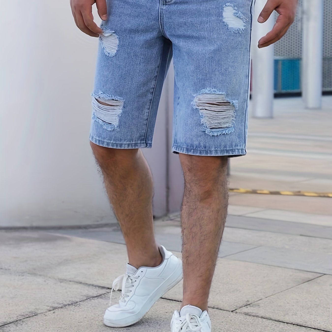 Men'S Casual Ripped Denim Shorts, 85% Cotton 15% Polyester Blend, Knee High, Non-Stretch, Solid Color, Loose Fit Skinny Contour, Woven Fabric, 375g/m² - Summer Fashion