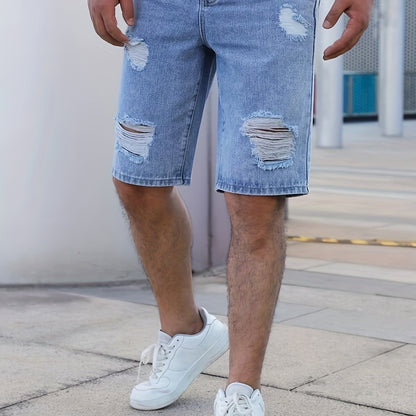 Men'S Casual Ripped Denim Shorts, 85% Cotton 15% Polyester Blend, Knee High, Non-Stretch, Solid Color, Loose Fit Skinny Contour, Woven Fabric, 375g/m² - Summer Fashion