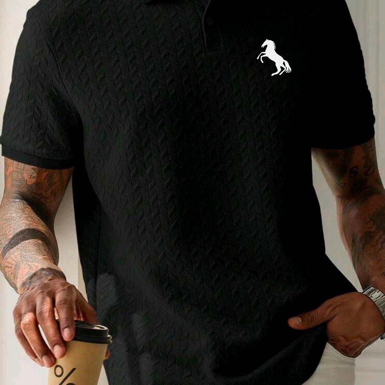 Men'S Casual Short Sleeve Knit Polo Shirt, Polyester Blend with Slight Stretch, Summer Fashion Pullover with Button Details and Print Horse Emblem