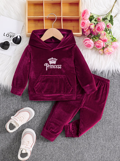 Girls' Long Pants Set, Burgundy Hooded Sweatshirt & Sweatpants, New Autumn Winter Warm Pullover Top, Fabric Two-Piece Set, Princess English Letter Embroidery with Pockets, Festive Holiday Outfit for Baby Girls, Perfect for Ou