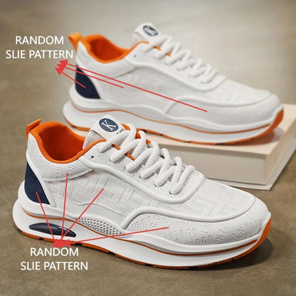 Men's Lightweight Breathable Low-Top Sneakers - PU Upper  PVC Sole, White/Navy/Red Accents, Lace-Up Round Toe for Casual, Outdoor, Running  Gym - All-Season Comfort Shoes, Casual Footwear, Geometric Pattern, Comfortable Fit