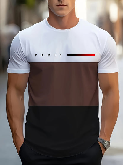 Men's Casual Crew Neck T-Shirt with Paris Print, Short Sleeve Knit Polyester Blend Top for Spring/Summer Outdoor Activities, Tee Shirts