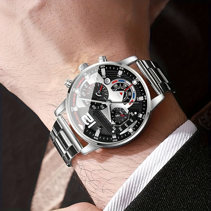 5 հատից բաղկացած հավաքածու, որը ներառում է նորաձև, բարձրակարգ տղամարդու ժամացույց, դրամապանակ, ակնոց, գնդիկավոր գրիչ և բանալիի շղթա, հիանալի է գործնական նվերի համար: Հիանալի ընտրություն է տոնական նվերի համար ընկերոջ, հոր, ընտանիքի անդամի կամ եղբոր համար: