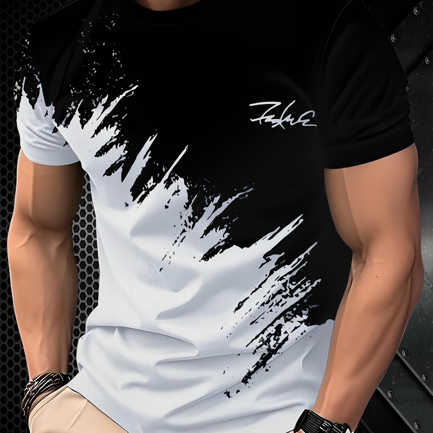 Men'S 3D Print Black And White Color-Blocked Graphic T-Shirt, Casual Short-Sleeve Summer Outdoor Wear (Middle East)