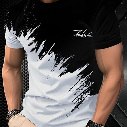 Men'S 3D Print Black And White Color-Blocked Graphic T-Shirt, Casual Short-Sleeve Summer Outdoor Wear (Middle East)