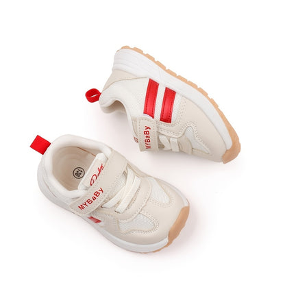 [1pc Unisex Toddler Sports Sneakers] Toddler Sports Sneakers, Unisex Preppy Casual Running Shoes, Striped Low Top Fabric & PU Upper, Breathable Mesh, Soft TPR Sole, with Adjustable Strap Closure, for Spring/Summer, All-Season
