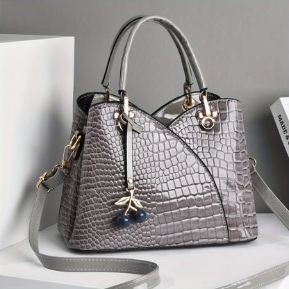 2022 Newest Trendy Women'S Faux Crocodile-Texture Handbag with Cherry Pendant - Stylish Black And Red Shoulder And Handbag, Zip Closure, Polyester Lining, Edge Paint Detail, Handbag|Chic Handbag|Zippered Bag