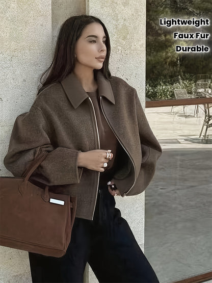 Women'S Short Casual Jacket - Elegant Lapel Collar Windbreaker Coat, All-Season Chic Outerwear for Everyday & Formal Events, Machine Washable H-Silhouette Jacket, Cute Jacket, Versatile Layering Piece, Easy-Care Blend