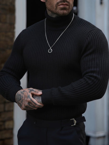 A Men'S Turtleneck Sweater Featuring Vertical Stripes, Designed for a Slim Fit with a Soft And Skin-Friendly Texture. The Textured Design Offers a Neat Appearance Without Being Cumbersome. This Style Is Suitable for Various O
