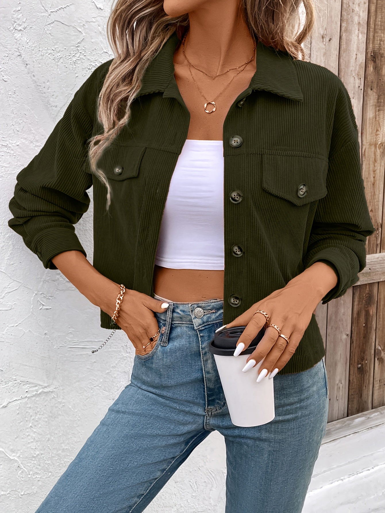 Կանացի էլեգանտ վարդագույն կոճակներով բաճկոն՝ փեղկավոր գրպաններով - Աշնանային առօրյա վերնազգեստ, երկար թևքերով, կոճակներով դետալներով, պոլիեսթերի խառնուրդով, լվացվող լվացքի մեքենայով, առօրյա վերնազգեստ | Կոճակներով բաճկոն | Պոլիեսթերի խառնուրդով բաճկոն