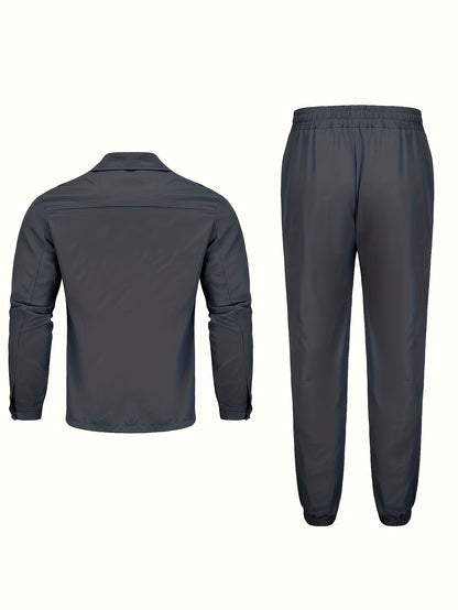 Men'S Casual Polyester Suit Set, Solid Color, Non-Stretch, Regular Fit, with Lapel Collar, Pocket Details, for Hiking, Daily Wear, and Special Occasions, Spring/Fall, Fall/Winter