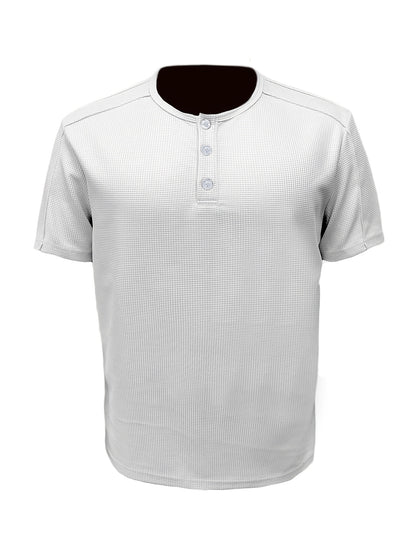 Men'S Long-Sleeve Henry Shirt in Knitted Waffle Style, Featuring Stylish Buttons And a Solid Color, Perfect for High-Quality Casual Outdoor Wear in Spring And Summer.