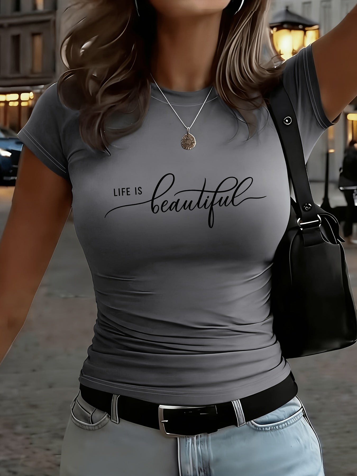 Slim Fit LIFE IS Beautiful Letter Print T-Shirt for All Seasons - ayq