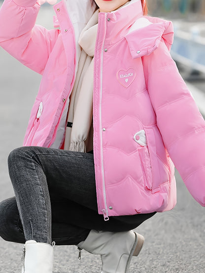 Կանացի ձմեռային գլխարկով բաճկոն - ոճային բեժ և սպիտակ կայծակաճարմանդով վերարկու՝ սրտիկ նախշերով, տաք պոլիեսթերային վերնազգեստ՝ առօրյա կամ նրբագեղ տեսքի համար, ձմեռային բաճկոն