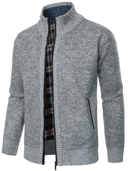 1pc Men'S Casual Style Knit Cardigan - 100% Polyester, Solid Color, Long Sleeve, Regular Fit, Stand Collar, Zip-Up, Umbrella Hem, Non-Stretch Fabric - Fashionable All-Match Pullover for Autumn/Winter