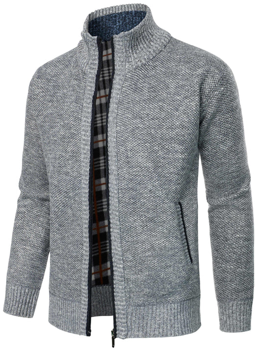 1pc Men'S Casual Style Knit Cardigan - 100% Polyester, Solid Color, Long Sleeve, Regular Fit, Stand Collar, Zip-Up, Umbrella Hem, Non-Stretch Fabric - Fashionable All-Match Pullover for Autumn/Winter